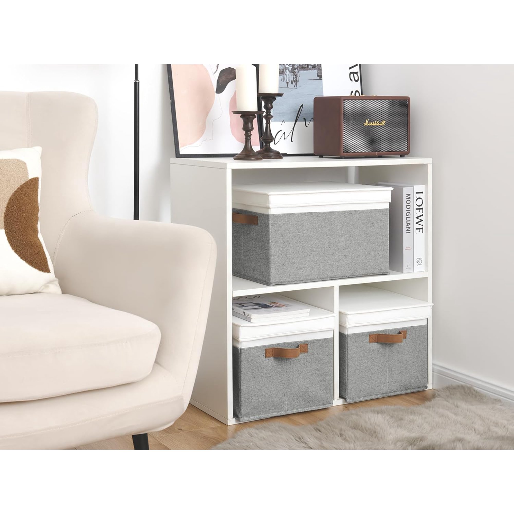 Storage Bins with Lids, Decorative Storage Boxes with Lid and PU Handles, Foldable Storage Baskets for Closet, Shelves, Stackable, Grey and White