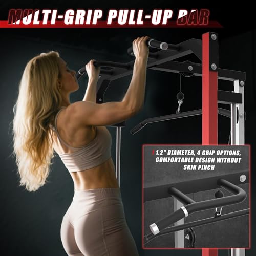 Compact Smith Machine Home Gym - 800lb Barbell Sleeve, Space-Saving Power Cage with LAT Pulldown, Power Rack 5-in-1