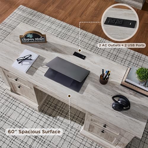 OKD 60" Executive Desk with Drawers, Farmhouse Home Office Desk with Charging Station, Keyboard Tray, File Cabinet Storage