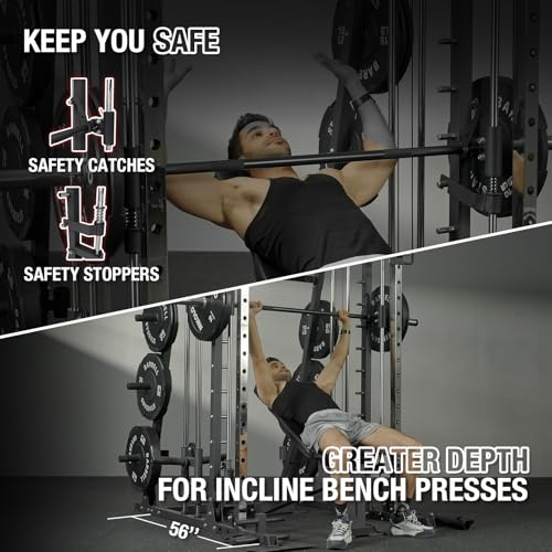 Mikolo Smith Machine, 2200lbs Squat Rack with LAT-Pull Down System & Cable Crossover Machine, Training Equipment with Leg Hold-Down Attachment