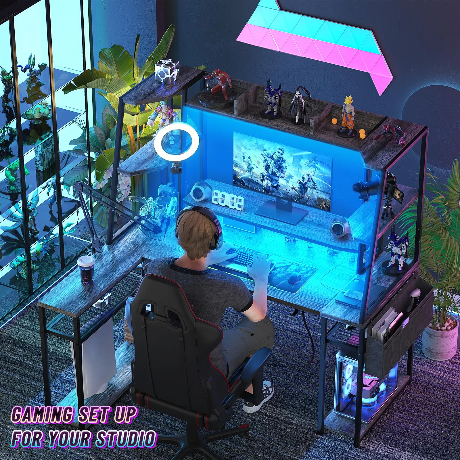 Homieasy Desk with LED Lights and Power Outlets, 47'' Reversible Large Corner Computer Desk with Hutch and Storage Shelf