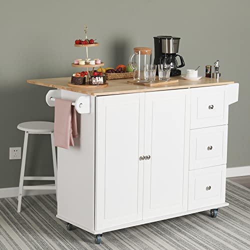 GREEN PARTY Kitchen Island on Wheels, Portable Rolling Kitchen Cart Storage Cabinet with Drop Leaf,Spice Rack, Towel Rack & Drawers-White