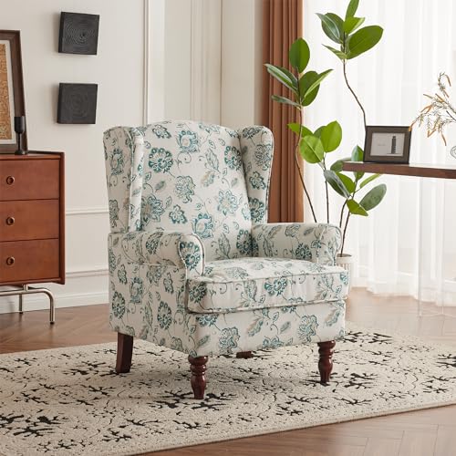 MELLCOM Floral Accent Chair, High Back Upholstered Armchair with Solid Legs, Leisure Single Sofa Chair for Living Room, Bedroom, Home Office