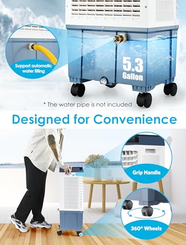 Air Choice Swamp Cooler, 1800 CFM Evaporative Air Cooler with 5.3 Gal Water Tank, 110° Swing, 3 Speeds, 4 Ice Box, Remote, 12H Timer