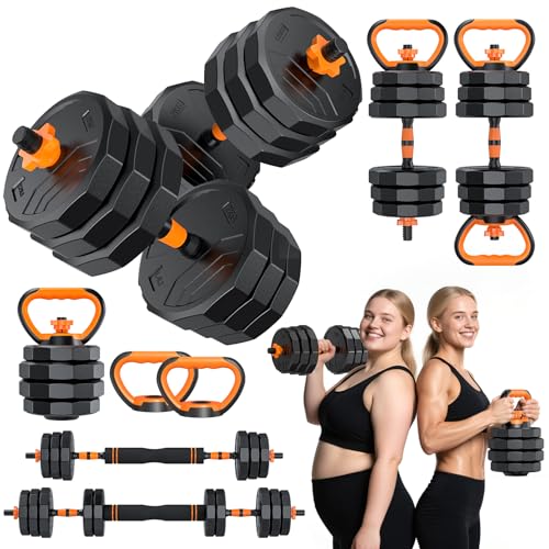 5-in-1 Adjustable Dumbbell Set, 33/44/66/88lbs Free Weights Set with Connector, Used as Kettlebells, Barbell, Push up Stand, Standard 1" Plates