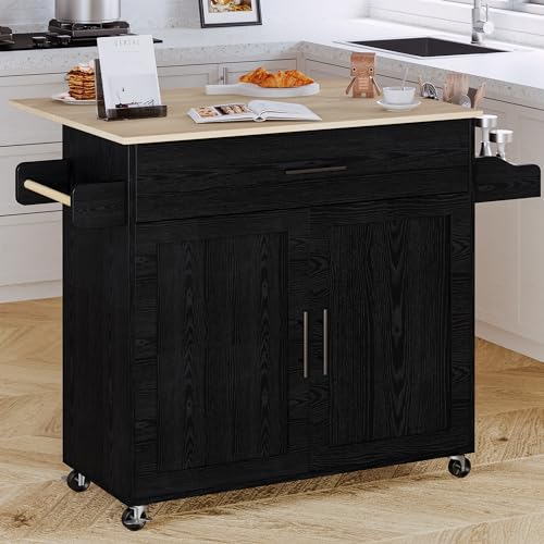 IRONCK Kitchen Island with Storage, Rolling Kitchen Island on Wheels with Drop Leaf, Charging Station, 3 Open Spice Rack, Cabinet, Drawer