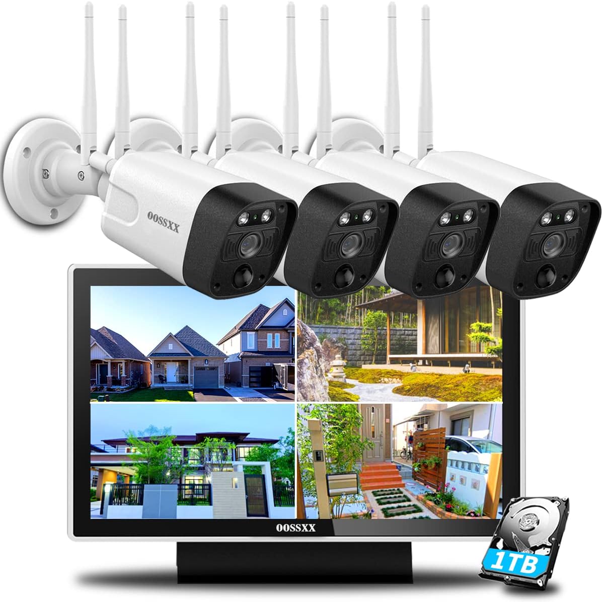 OOSSXX {Dual Antennas Wireless Enhanced & All-in-One} 2K 3.0MP Wireless Home Security Camera Systems Outdoor with 10inch Monitor