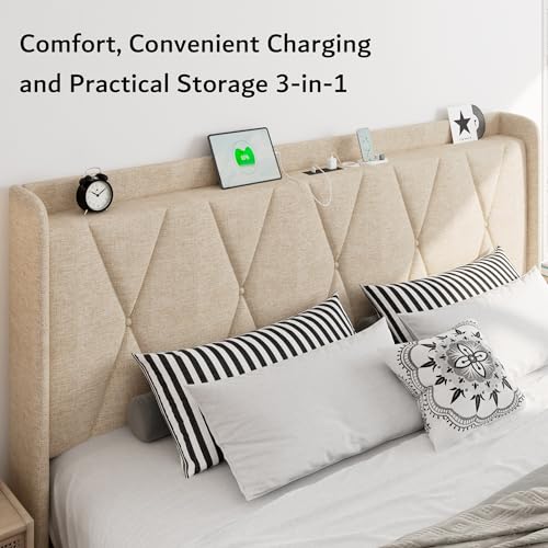 iPormis Queen Bed Frame with 4 Storage Drawers, Upholstered Platform Bed Frame with Charging Station, Modern Wingback Storage Headboard