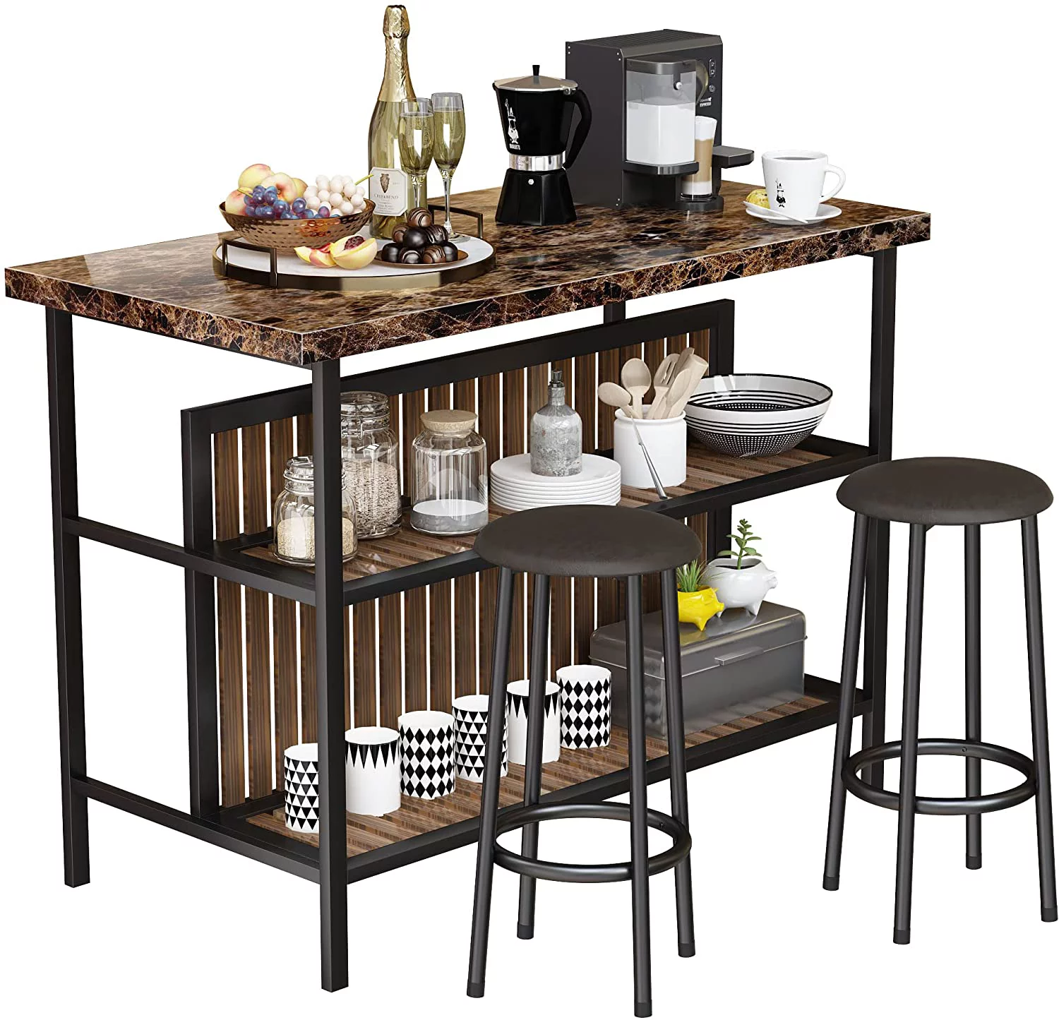 tantohom 3-Piece Home Bar Dining Table Set, 47 inch Bar Height Table and Chairs with Top Artificial Marble and 2-Layer Storage Shelf
