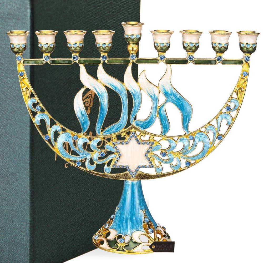 Hand Painted Enamel Menorah Candelabra with A Star of David by Matashi