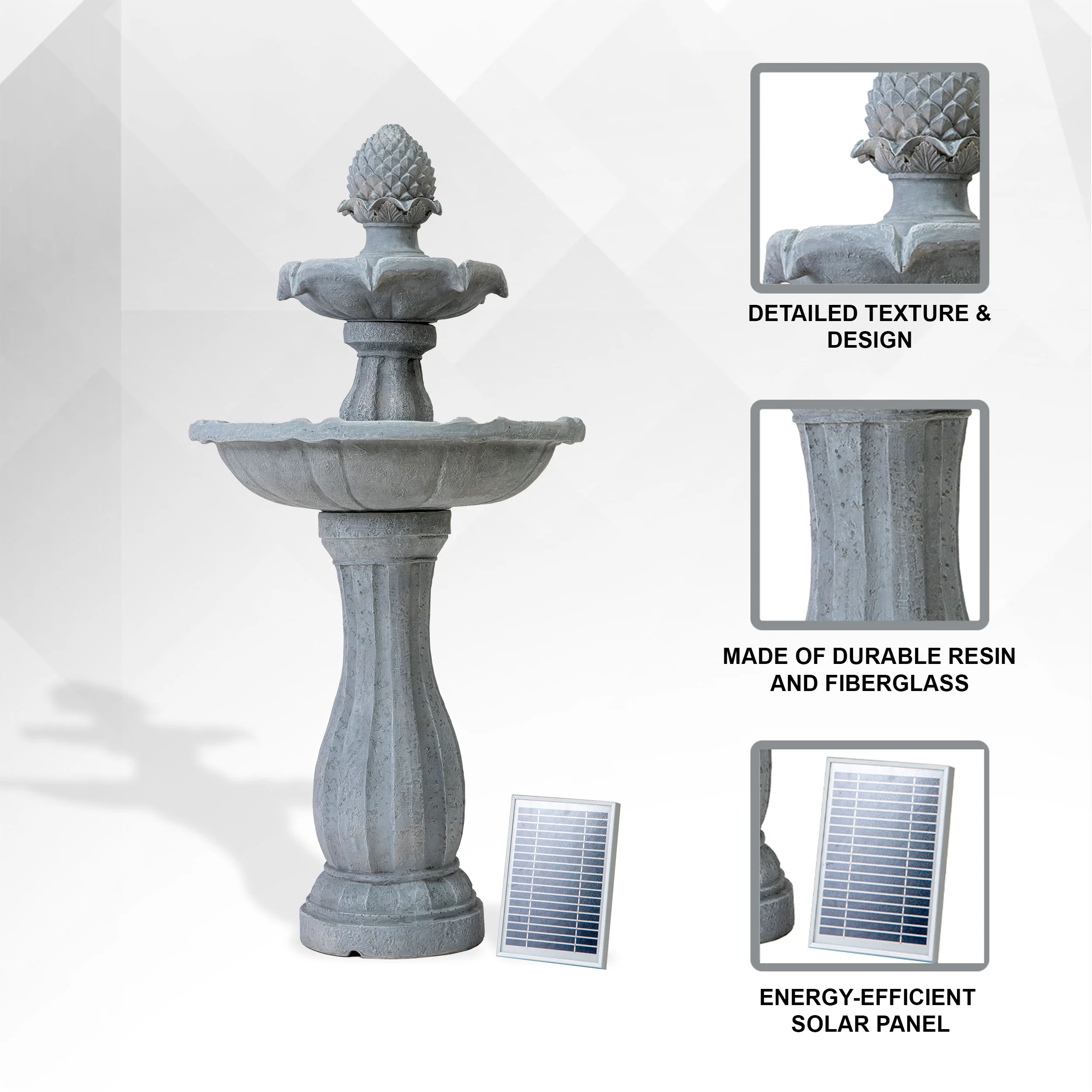 XBrand 44" H White Fiberglass/Resin 2-Tier Solar Water Fountain w/ Solar Panel and Auto-Shut Off Pump, Solar Garden Fountain, Tall Outdoor Fountain