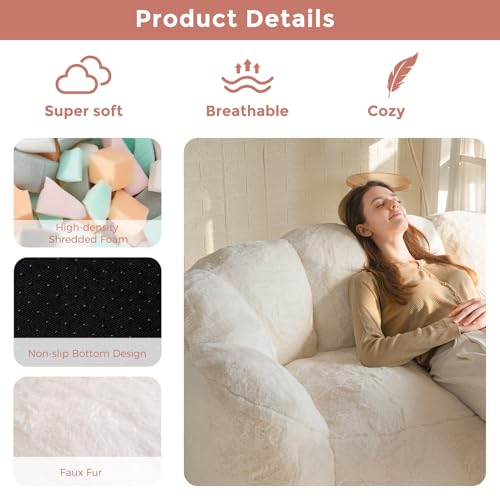 MAXYOYO Bean Bag Chair for Adults, Floral Shaped Bean Bag Sofa, Ultra Soft Faux Fur Floor Sofa, Large Reading Chair for Living Room Bedroom, Beige