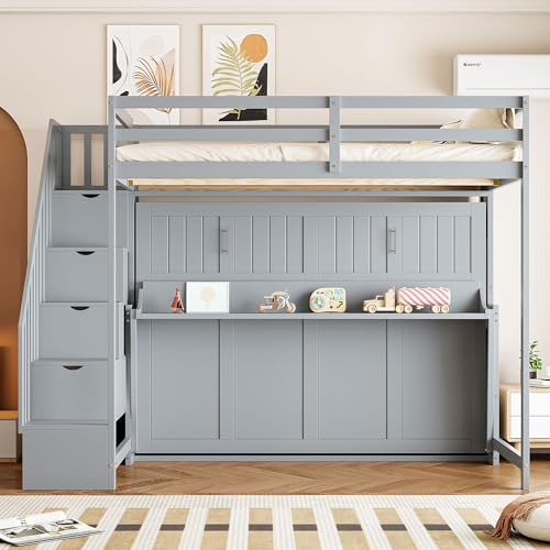 Queen Size Farmhouse Murphy Bed Cabinet with Charging Station, Foldable Platform Bed Frame with 2 Storage Drawers