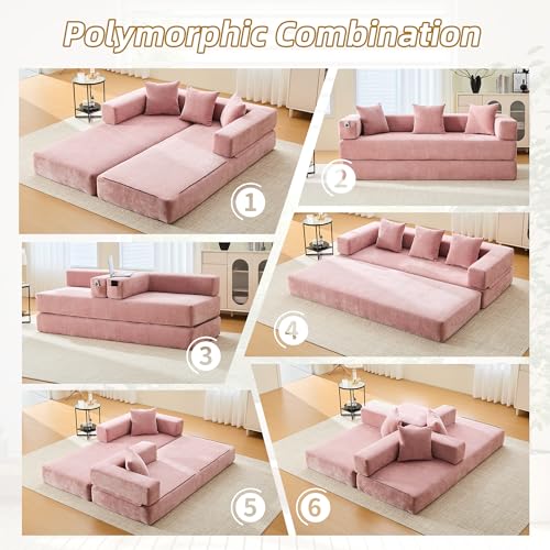 Convertible Sleeper Sofa Bed with Cylindrical Pillow, Corduroy Folding Mattress Couch with Fixed-Shape Frame