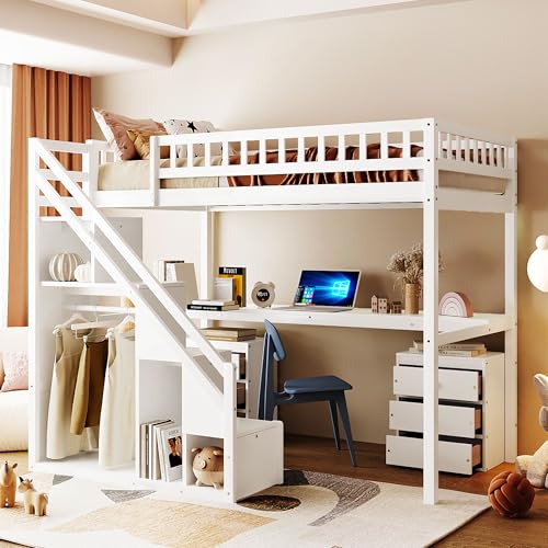 Modern Full Size Gaming Loft Bed with Built-in Desk and Storage Wardrobe, Wood Loft Bed Frame with Light Strip and 2 Drawers