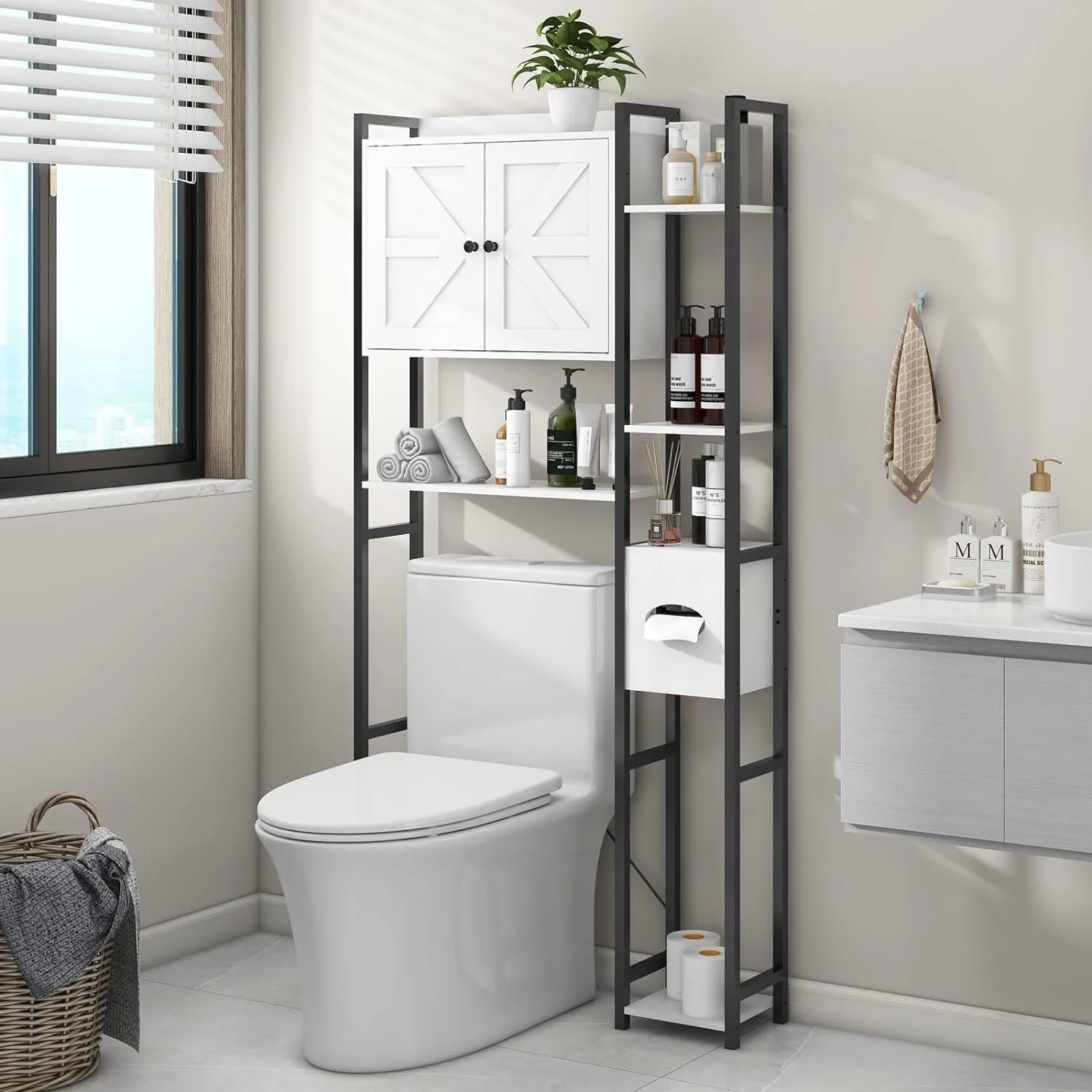 Over The Toilet Storage Cabinet with 2 Doors Storage Cabinet, Toilet Paper Storage Cabinet with Multi Layer Shelves Suitable for Bathroom