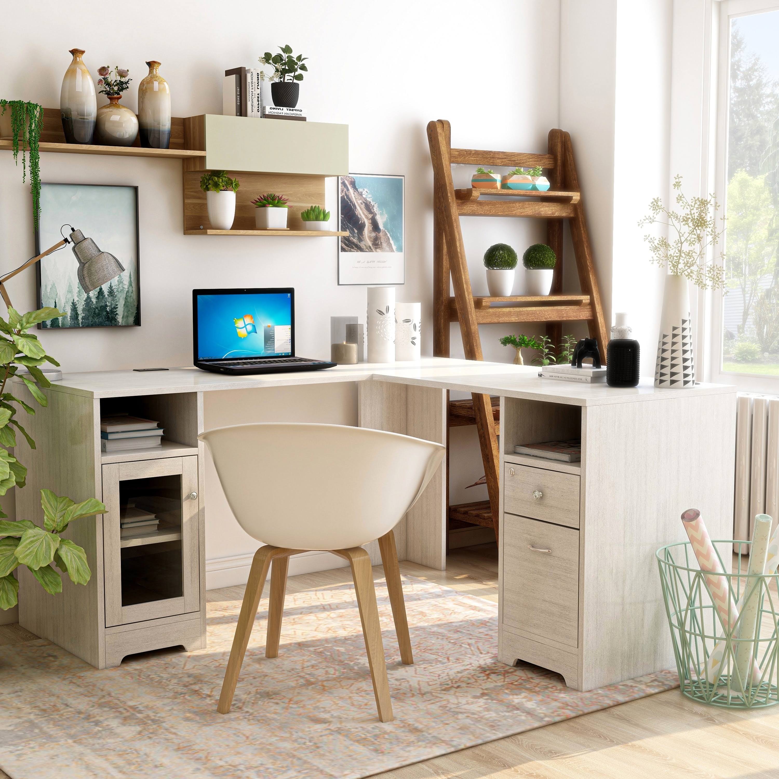 Furniture of America Barlon Modern 59-Inch L-Shape Desk with Locking Drawer - White Oak
