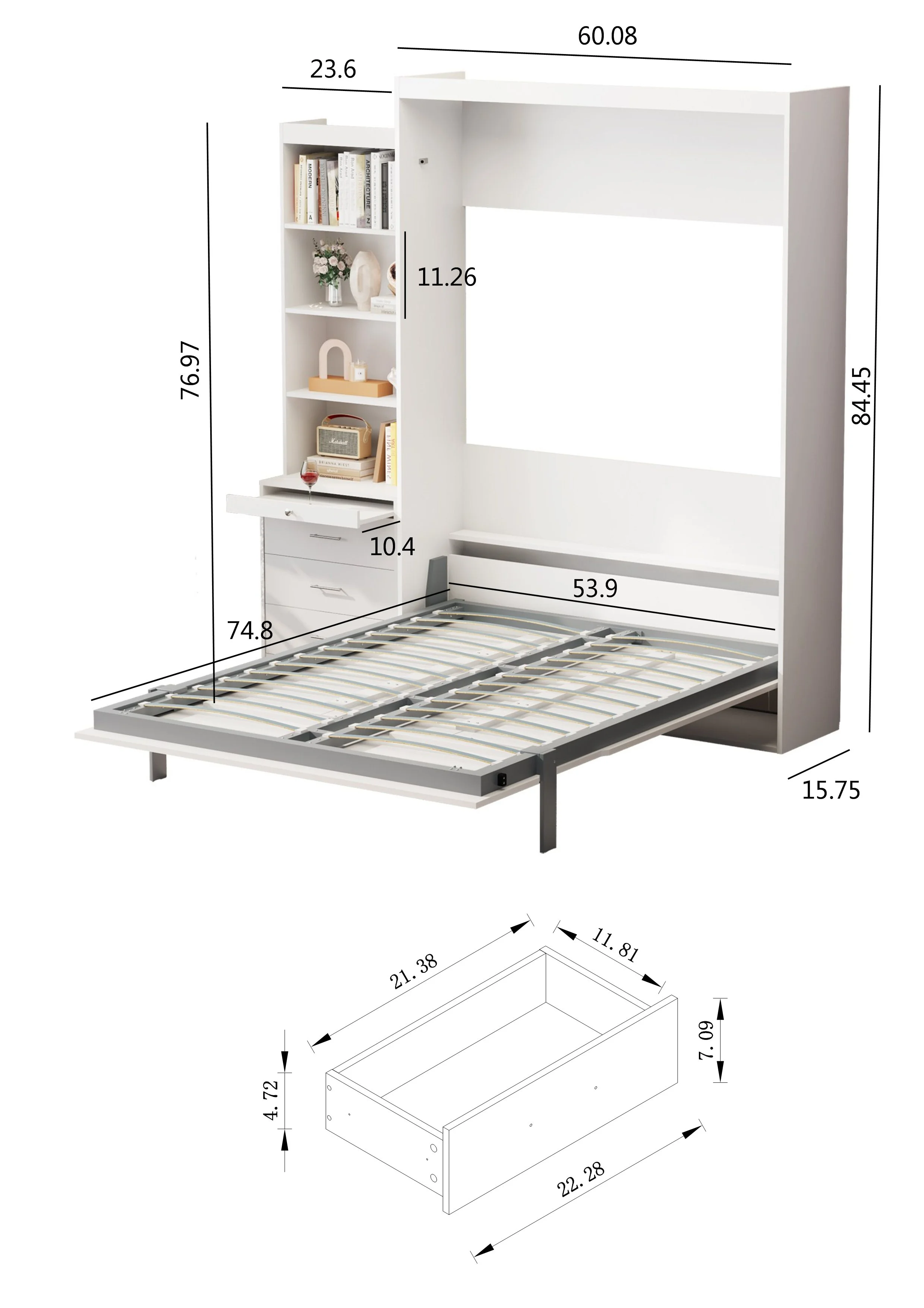 Full Size Vertical Murphy Bed with Shelf and Drawers for Bedroom or Guest room White Wall Bed Space Saving Hidden Bed Gas Struts (White)