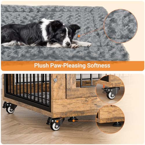 Lulive Dog Crate Furniture for Medium Dogs, 32'' Dog Kennel Indoor with Cushion & Wheels Wooden Dog Cage Double Doors Dog Crate End Table, Grey