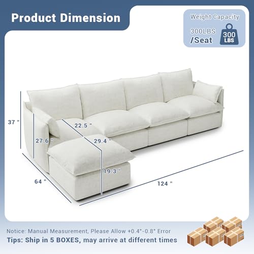 Cloud Modular Sectional Sofa, Waterproof Down Filled Sectional Sofas, High Backrest V Shaped 5 Seater Sectional Couches for Living Room