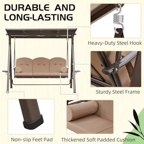 YOLENY Oversized Outdoor Porch Swing with Hardtop, 3 Seat Patio Swing with 2 Side Cup Holder, 3-in-1 Convertible Backrest Swing Bed with Cushion