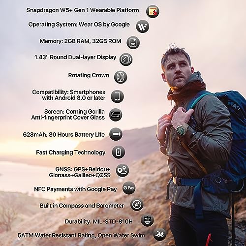 Ticwatch Pro 5 Smartwatch for Men Snapdragon W5+ Gen 1 Wear OS Smart Watch 80 Hrs Long Battery Life Health Fitness Tracking 5ATM Water Resistance GPS