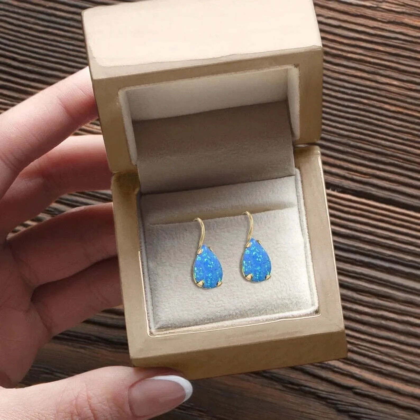 14K Yellow Gold Pear Cut Blue Opal Gemstone Earrings - Teardrop Earrings