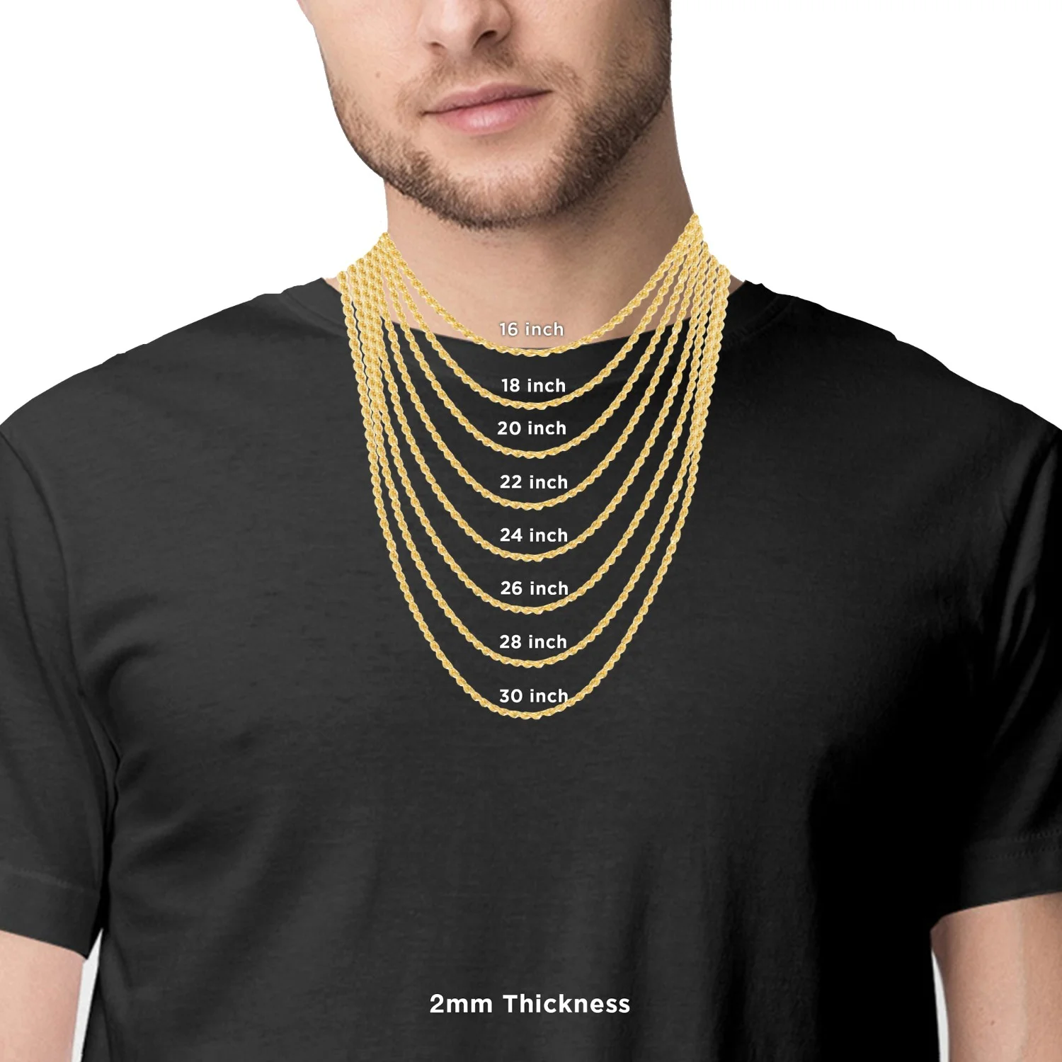 Sterling Silver and Gold Plated Rope Chain Necklaces and Bracelets - 2.00MM Thick - 18 Inches