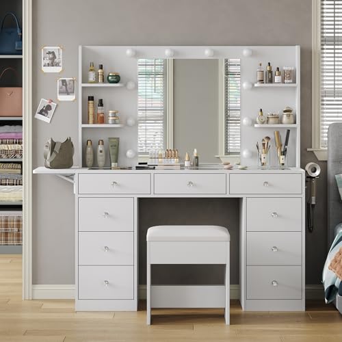 Vanity Desk & Power Outlet, Makeup Vanity with Mirror and 10 LED Lights, 3 Lighting Modes Brightness Adjustable