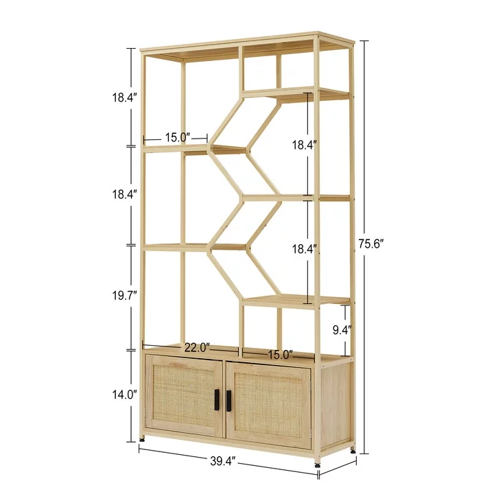 Royard Oaktree 7 Tiers Bookcases Wood Open Bookshelf with Cabinet and Rattan Door Large Display Storage Shelf for Living Room Bedroom Home Office