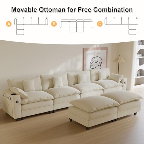 Modular Sectional Sofa, Cloud Couch with Ottoman, Charging Station, Throw Pillows, Cup Holders, Modern Convertible U Shaped Couches for Living Room