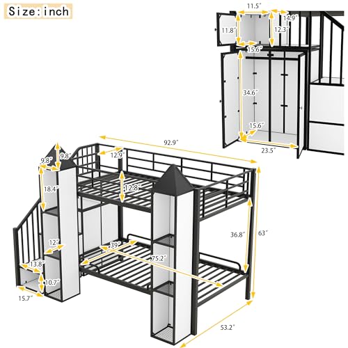 Full-Over-Full Castle Style Bunk Bed with 2 Drawers and 3 Shelves, Wood Bunk Bed Frame with Slide and Storage Staircase for Kids Teens Boys Girls