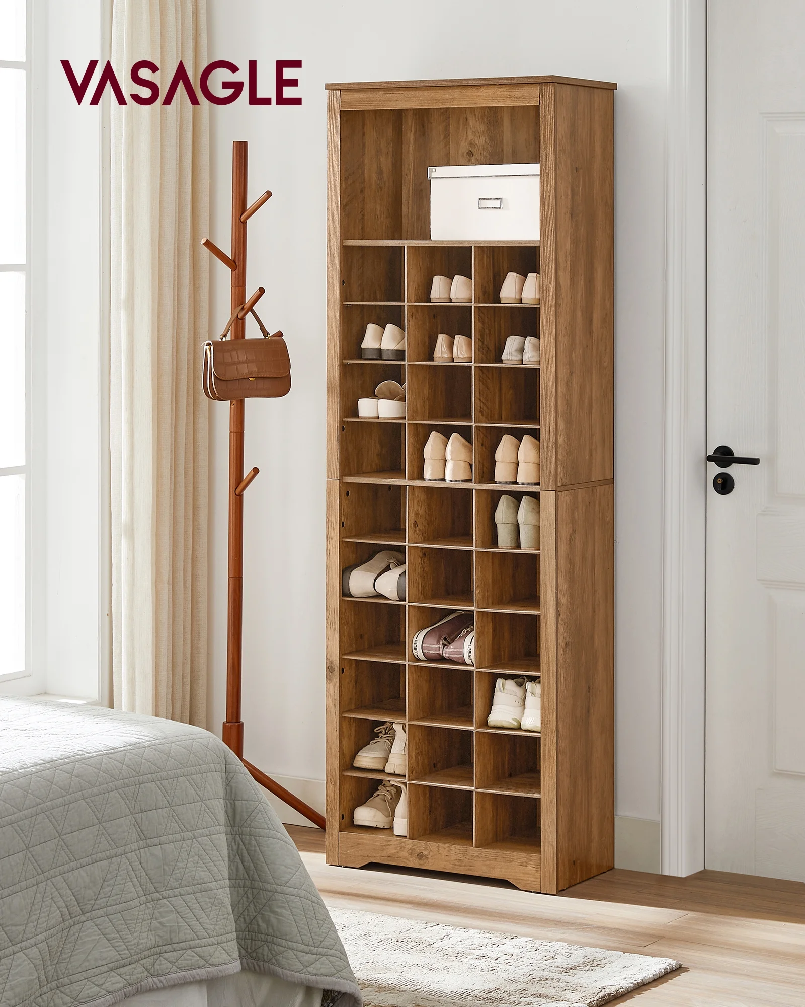 VASAGLE 10-Tier Shoe Storage Cabinet, Holds 30 Pairs, Space-Saving Shoe Rack Organizer - Rustic Walnut