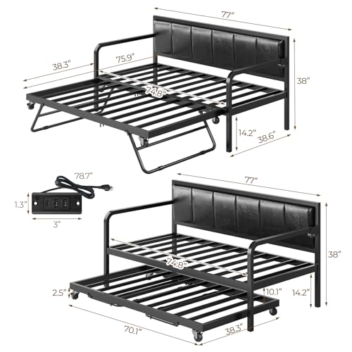 Rolanstar Daybed with Charging Station and LED Lights, Height Adjustable Twin Daybed with Trundle