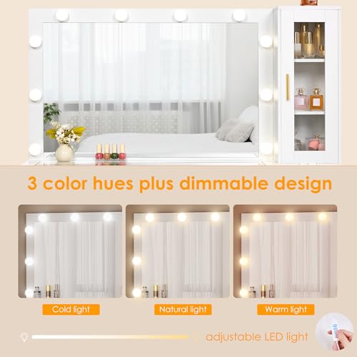 BEWISHOME 49.2" Large Vanity Desk with Mirror and Lights,White Makeup Vanity Table with Glass Top,Stool,Makeup Desk with Power Outlet,Drawers,Cabinet