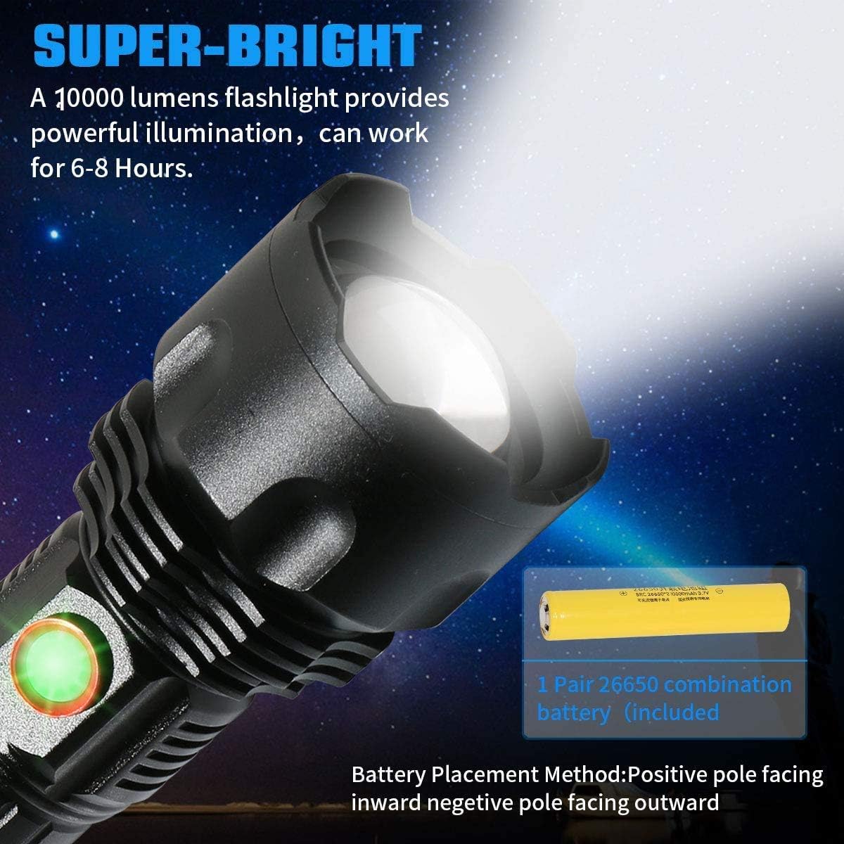 High Power XHP90 LED Flashlight 30000 Lumens Ultra Bright XHP90 LED Handheld Flashlight USB Type-C Rechargeable Torch Adjustable Zoomable Waterproof