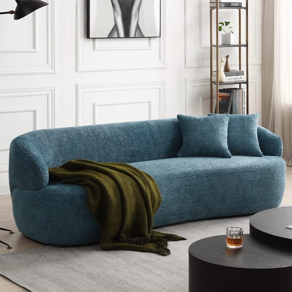86.6'' Curved Sofa for Living Room Round Sectional Sofa Couch 3 Seater Upholstered Sofa Boucle Couch with Pillows for Apartment Home Office, Blue