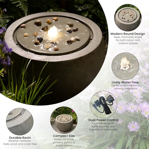 Garden Water Fountain Outdoor Large Round Bubbler Water Feature Indoor with Lights & Pump and Pebbles Concrete Effect for Patio Pool Pond Yard Home