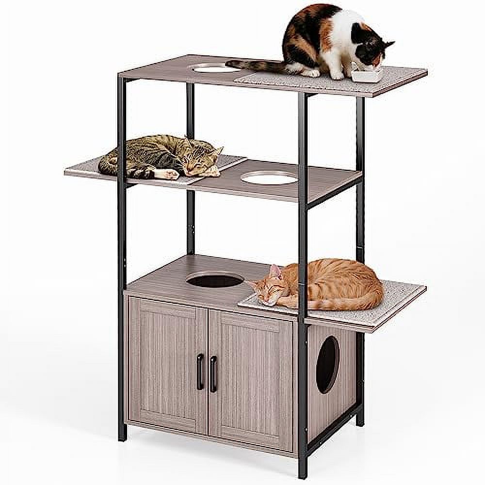 TOLEAD Cat Tree with Litter Box Enclosure, Modern Cat Litter Box Furniture Hidden with Cabinet for Large Cats, Metal Frame 3-Tier Cat Tower