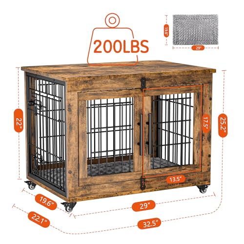 Lulive Dog Crate Furniture for Medium Dogs, 32'' Dog Kennel Indoor with Cushion & Wheels Wooden Dog Cage Double Doors Dog Crate End Table, Grey