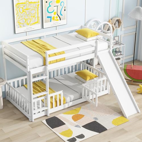 Bunk Beds Twin Over Full Size, Pine Solid Wooden Bunk Bed with Slide, Storage Staircase, Safety Guardrails for Kids, White