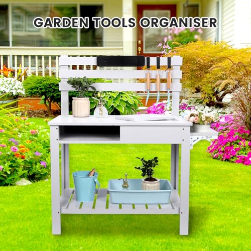 Potting Bench Table Outdoor Garden Table Wooden Work Station Outdoor Garden Work Bench Platform with 3 Side Hook Shelf Natural Wood Rice-White