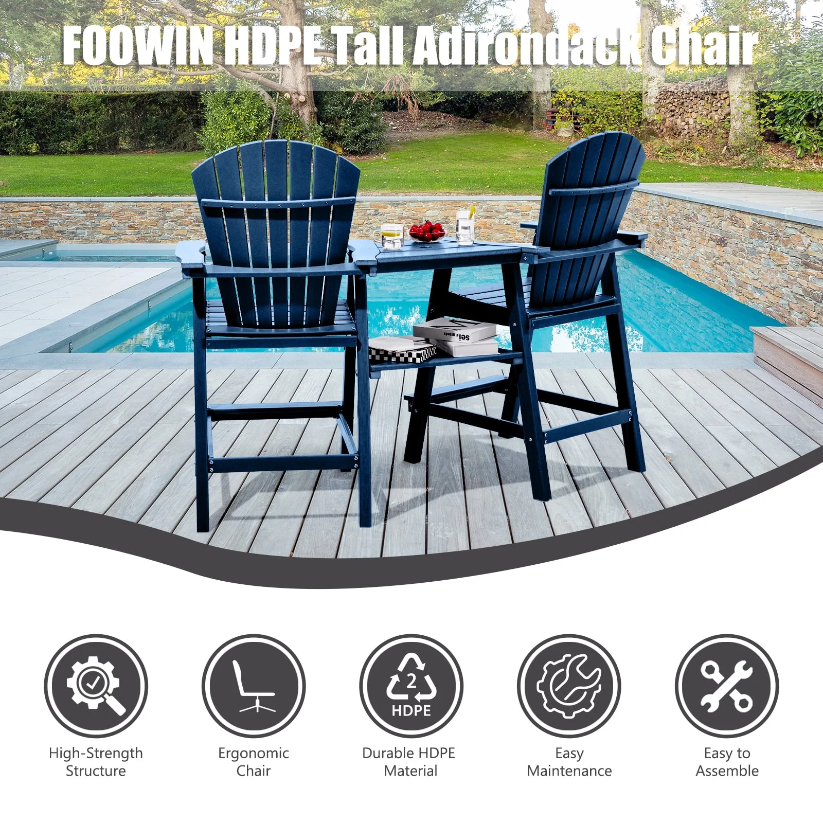 Tall Adirondack Chairs Set of 2 .Outdoor Adirondack Barstools with Double Connecting Tray Patio Stools Weather Resistant for Outdoor Deck Lawn Pool