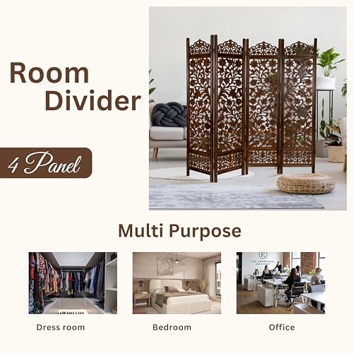 Lightnpro Wooden Room Divider - Handmade Foldable Partition Screen with Intricate Oval Carved Design Hinged