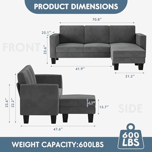 YESHOMY L-Shaped Convertible Sectional Sofa 3 Seater with Corduroy Fabric, Complete with Mobile Footrest, for Living Room, Apartment and Office, 70"