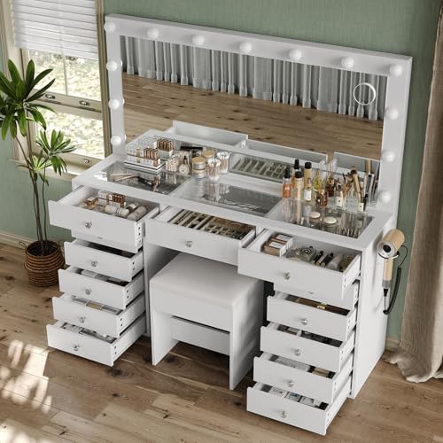 55" W Vanity Desk, Makeup Vanity with Charging Station, 15 Drawers with Lighted Mirror, 3 Lighting Modes, Brightness Adjustable, Glass Top