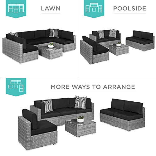Best Choice Products 7-Piece Modular Outdoor Sectional Wicker Patio Conversation Set w/ 2 Pillows, Coffee Table, Cover Included - Gray/Navy