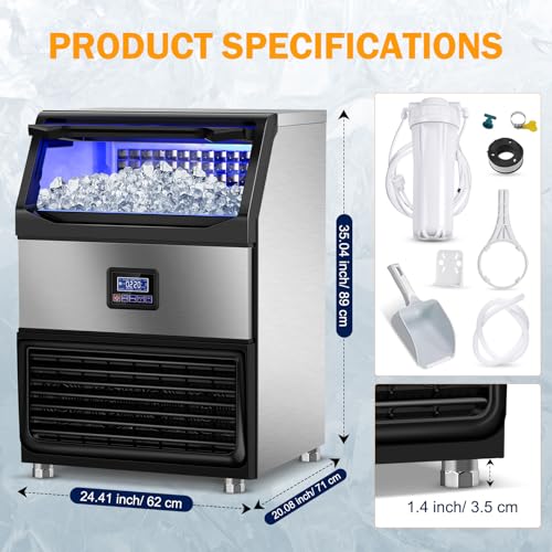 Clear ice Cube Maker, Commercial Ice Maker Machine, Stainless Steel Freestanding Ice Machine Automatic Operation