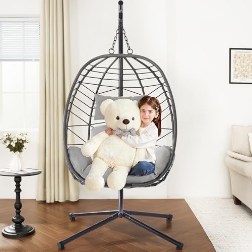 Hanging Egg Chair with Stand, Outdoor Indoor Egg Swing Chair with Cushion Headrest, Wicker Rattan Egg Chair with Dual Chains