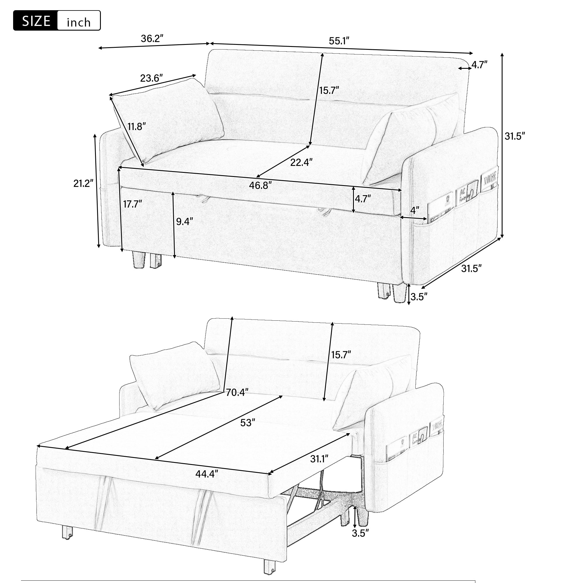 Euroco 55" Loveseat with Pull Out Bed, Sleeper Sofa with Adjustable Backrest, 2 Seater Couch with Pillows, Storage Pockets for Living Room, Beige